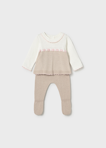 Conjunto calças com pés e camisola tricot recém nascida